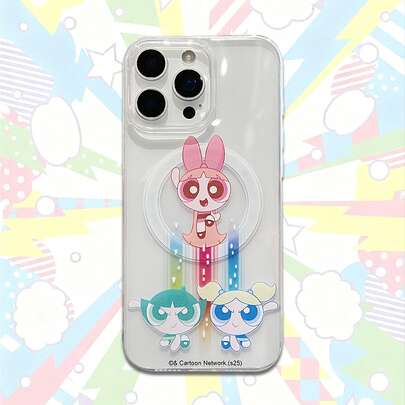 THE POWERPUFF GIRLS X SHEIN 卡通彩虹女巫图案手机壳，支持磁吸无线充电，透明防摔，软硬材质，可作为节日礼物赠送，兼容 15/16 Pro/Pro Max/14/15/16 Plus/17/17 Pro Max，男女通用，防指纹防刮花，透明亮面。