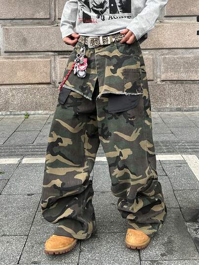 Manfinity EMRG 街头时尚迷彩小众设计双腰带口袋宽松阔腿牛仔裤