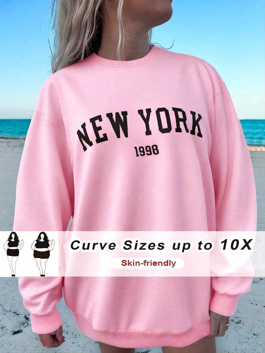 SHEIN CURVE+ 女士加大码休闲宽松纽约图案圆领长袖卫衣，秋冬季情人节款 - 粉色 - 查看 1