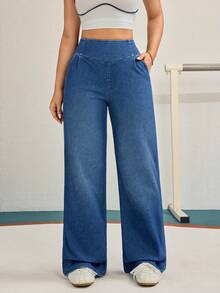 Flexra Damskie jeansy z wysokim stanem i kieszeniami, z szerokimi nogawkami, luźne, uniwersalne - Niebieski - Zobacz 3
