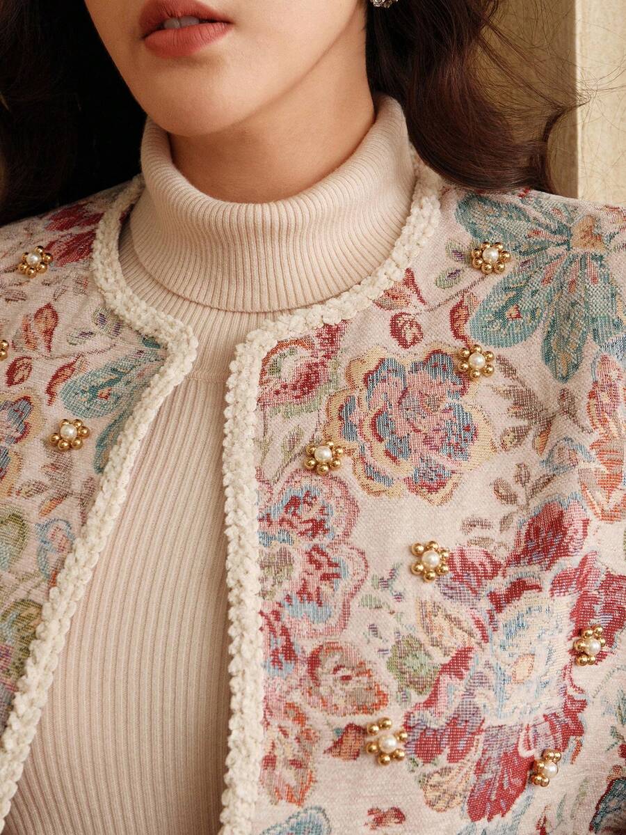 Anewsta Elegant Romantic Open Front Jacket For Women, Featuring Floral Embroidery, Pearl Decor, Braided Trim, Pockets, Long Sleeve, Plus Size, Suitable For Autumn/Winter