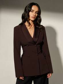 Aveloria Modichic 缎面拼接系带女士西装外套，优雅休闲夹克 - 酒紅色 - 查看 3