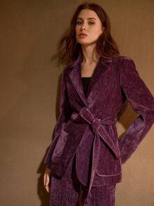 MOTF PREMIUM Blazer dengan kerah berikat dan trim kontras kulit PU. - Purple - View 5