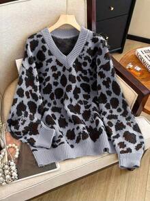 Modelyn 大码女式V领豹纹针织套头衫，秋冬 - 灰色 - 查看 5