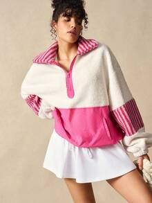 VARSIVA Pink Color-Blocked Striped Drop-Shoulder Zip-Up Half-Open Fleece Jacket With Drawstring Hem For Windproof Winter Wear. - Multicolor - View 8