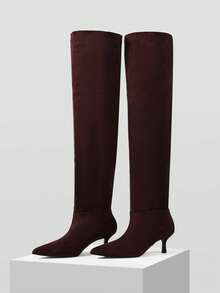 Mnmlis بوت نسائية عالية الكعب بأصبع مدبب من الجلد الأحمر الداكن، موضة الخريف/الشتاء - بني - مشاهدة 7