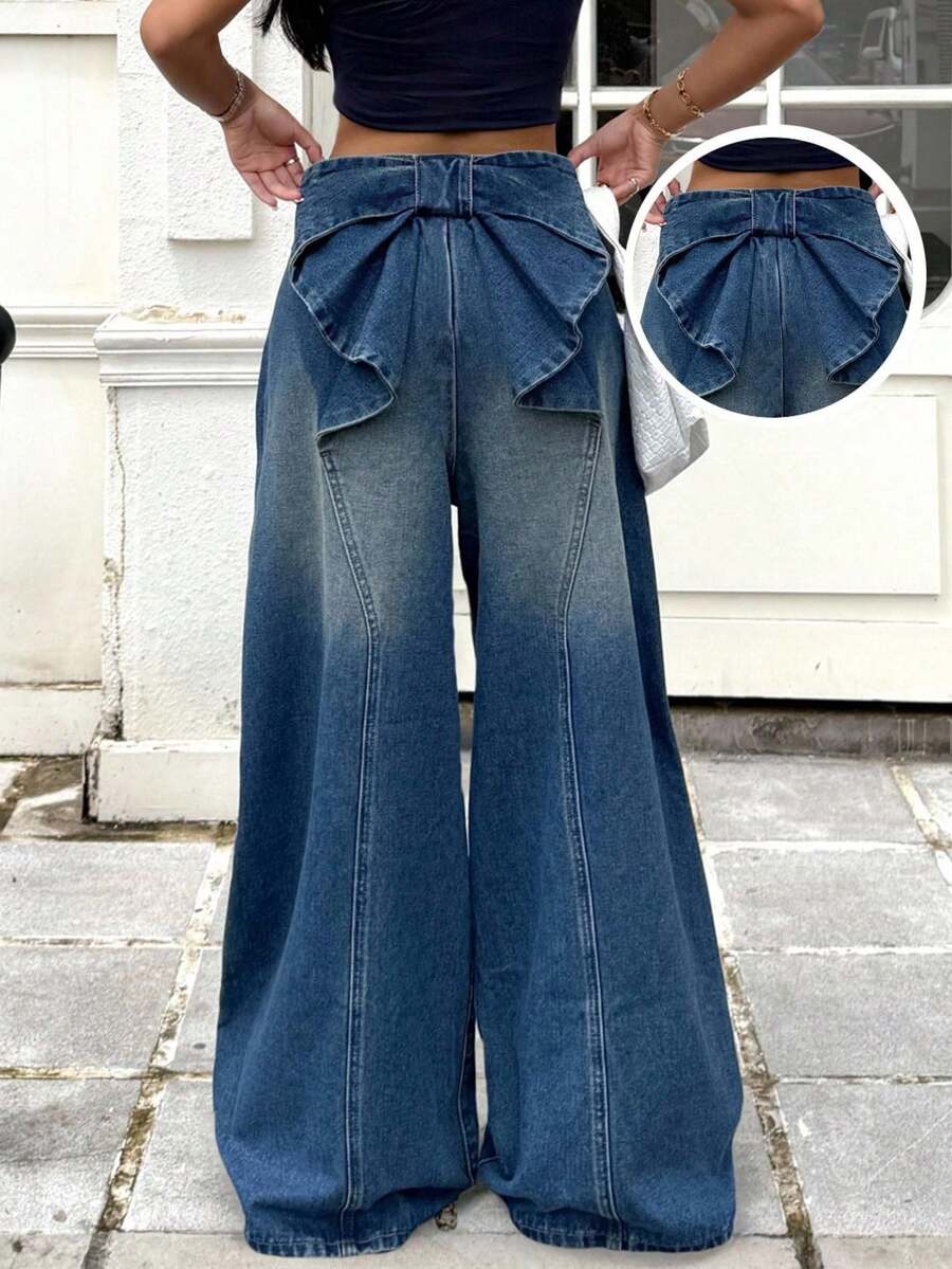 SHEIN Tween Girls Y2k Vintage Fashion Versatile Cute Blue Denim Bowknot Decor Comfortable Baggy Jeans,New Product,For Girls Fall/Winter Dailywear Costume,Girls Streetwear Outfits,Girls Halloween And Christmas Outfits,Winter Jeans,Teen Jeans - Dark Wash - View 1