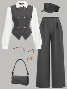 SHEIN Teen Girls Shirt Co-Ords Patchwork Double-Breasted Lapel Shirt & Solid Color Pants Casual Suit Set