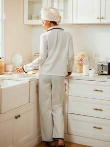 Doze Lane 女士撞色滚边翻领宽松长袖睡衣套装，秋季服装，冬季服装 - 彩色 - 查看 2