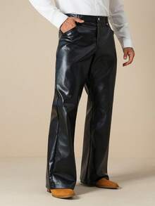 Manfinity Nomadique Men's Loose Straight Casual Solid Color Leather Pants - Black - View 6