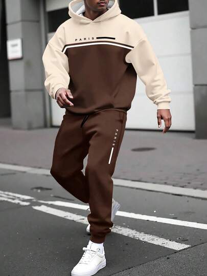 Manfinity Homme 经典大地色系巴黎条纹运动休闲套装，百搭休闲经典运动连帽衫套装，时尚秋季男士两件套，棕色