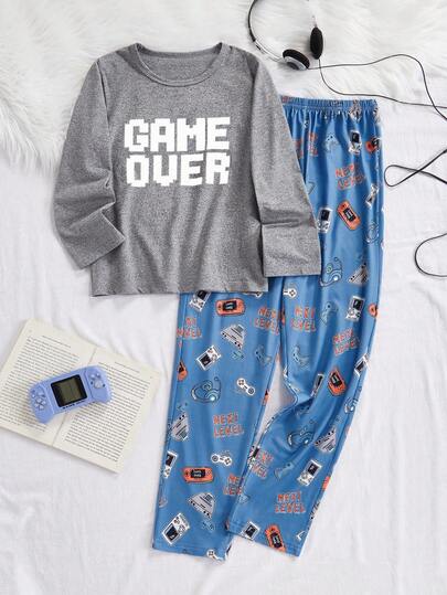 男童舒适休闲电子游戏印花长袖上衣和裤子睡衣套装（2件套）