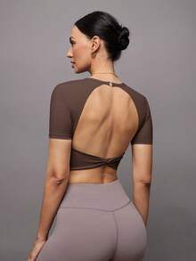 Activina Women's Solid Color Round Neck Short Sleeve Backless Cropped Fitted Sports T-Shirt Open Back Gym Top Brown Workout Top - Coffee Brown - View 4
