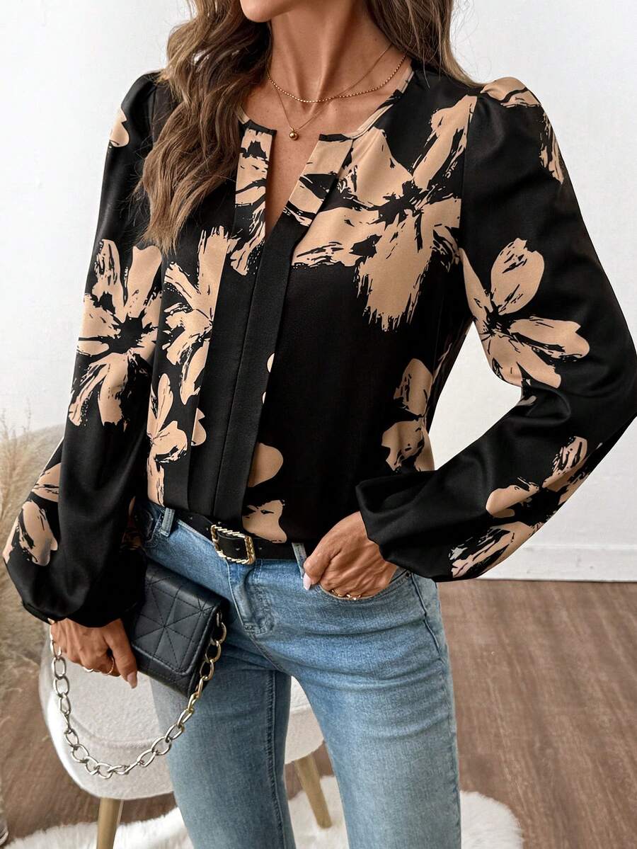SHEIN Clasi 女士豹纹V领宽松优雅长袖衬衫 - 彩色 - 查看 1