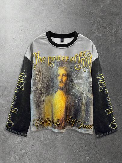 Street Life Sweat-shirt col rond à manches longues avec épaules tombantes, mode décontractée polyvalente avec motif créatif pour hommes