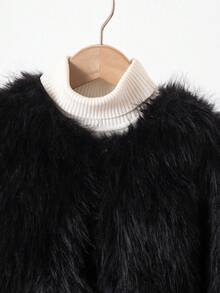 Elladie kids 少女休闲蓬松人造毛皮宽松外套，时尚优雅的都市冬季风尚 - 黑色 - 查看 4