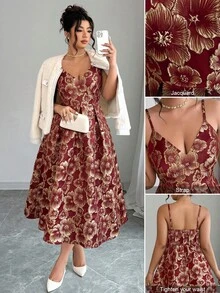 Elenzga 大码女士提花优雅吊带连衣裙，适合婚礼宾客、秋冬季穿着 - 酒紅色 - 查看 1