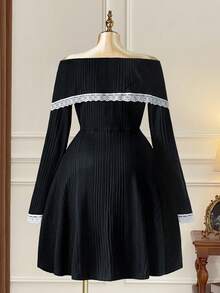 SHEIN LUNE Plus Size Off Shoulder Knitted Ribbed Contrast Lace Dress - Black - View 2