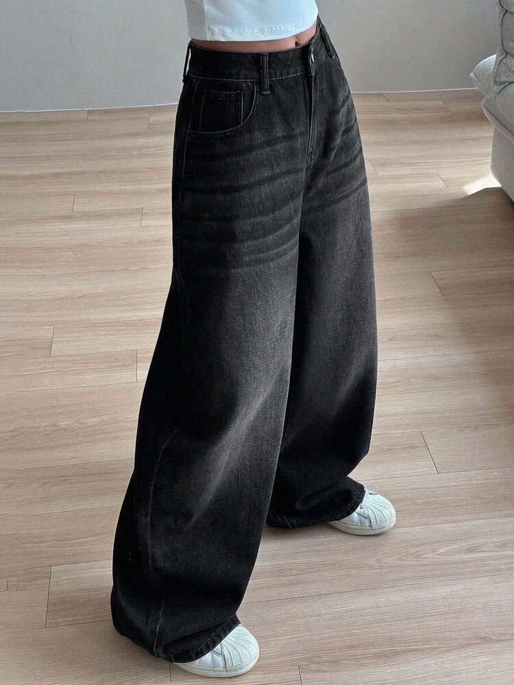 Vintage Loose Straight Leg Washed White Women's Jeans,Baggy Jeans