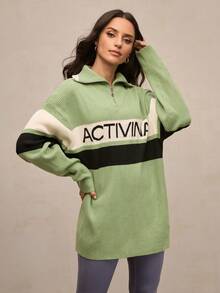 Activina Women's Colorblock Striped Letter Graphic Ski Sweater Ski Green White Black Oversize Fall Winter - Mint Green - View 4