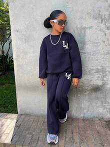 SHEIN Tween Girl Navy Blue LA Letter Print Sweatshirt And Wide Leg Sweatpants Set,Autumn Cow Boy School Back-To-School Comfy Fall Winter Loose Sweatsuit - Navy Blue - View 7