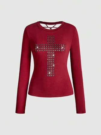 Grunge Punk Camiseta de manga larga de ajuste ceñido con diseño de cruz remachada, corte láser en la espalda, estilo punk Y2K, de unicolor y versátil