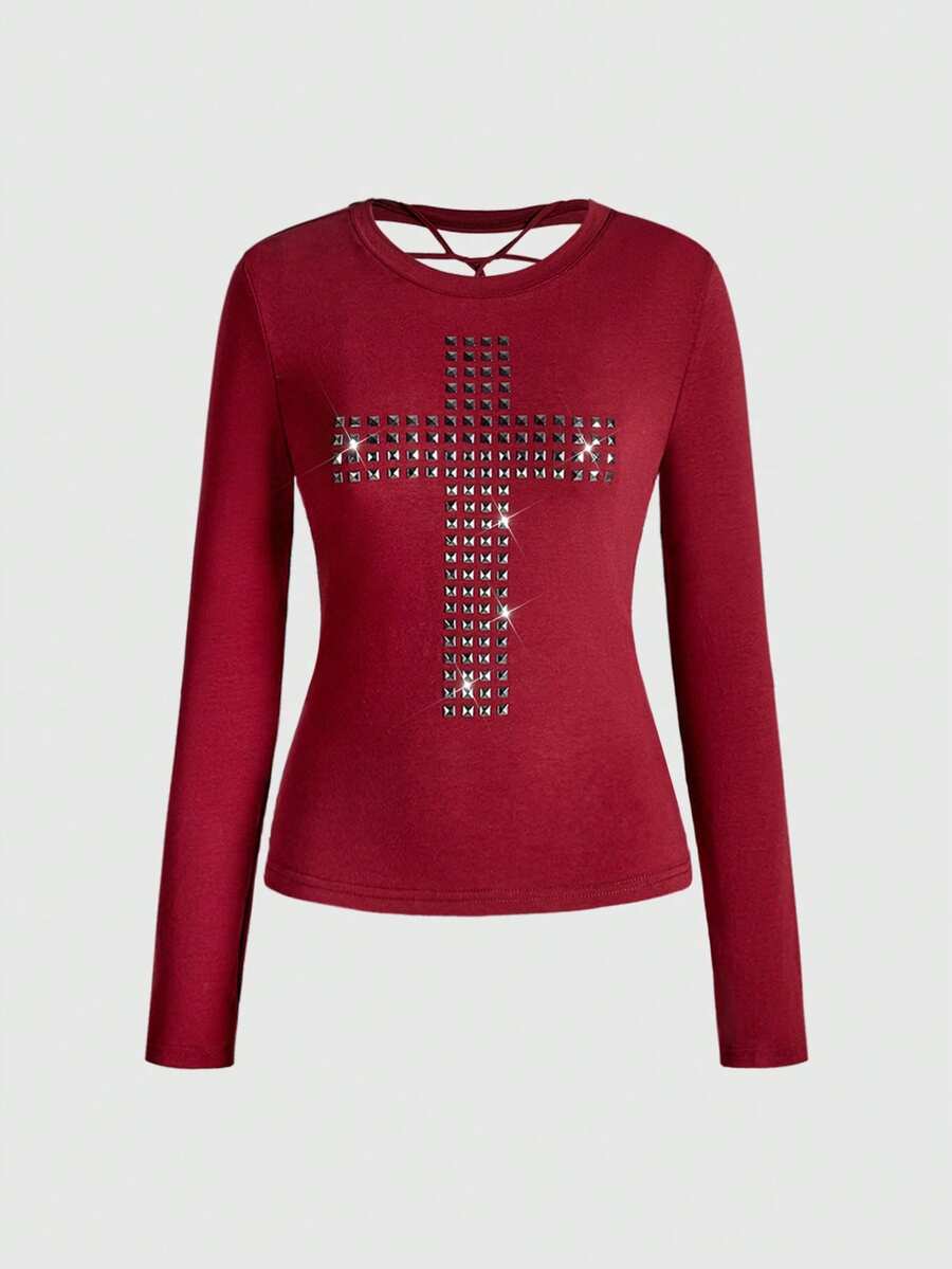 ROMWE Grunge Punk Y2K Punk Cross Rivet Design Laser Cut-Out Back Slim Fit Long Sleeve T-Shirt, Solid Color Versatile - Burgundy - View 1