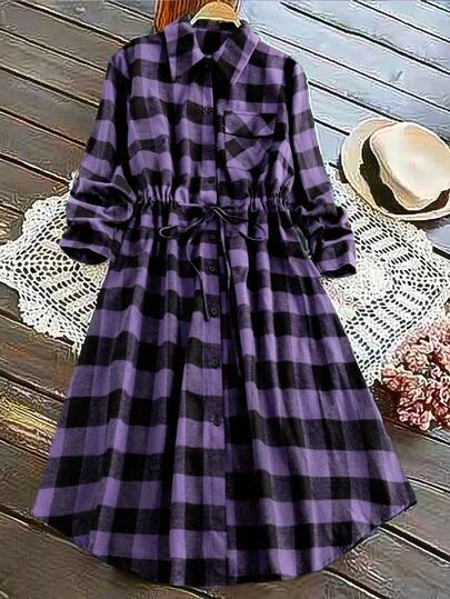 EMERY ROSE Plus Size Casual Plaid Front Button Drawstring Waist Dress, Autumn Checkered Dress Long Sleeve Plaid Dress Women's Plaid Shirtdress Plaid Dress Women Purple Plaid Dress