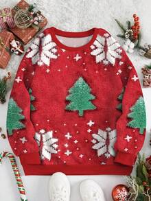 SHEIN 女士卫衣/数码印花/圣诞树雪花图案全仿真毛衣印花/圣诞长袖圆领毛绒卫衣休闲卫衣，圣诞卫衣秋冬时尚/时尚卫衣/新年快乐礼物，家庭新年衬衫，圣诞派对T恤上衣，可爱圣诞节节日礼物/女士休闲宽松圆领上衣/秋冬 - 彩色 - 查看 2