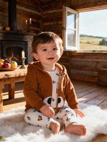 Vintaside Kids 3pcs Set: Long Sleeve Animal Print Top, Long Animal Print Pants, And Brown Hooded Embroidered Bear Long Sleeve Jacket Outfit For Toddler Boys - Multicolor - View 8