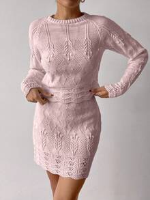 EURMUSE Elegant Texture Knit Hollow Out Sweater & Sweater Skirt Co-Ords 2 Pieces Set - Baby Pink - View 2