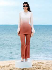Swim Shayni 3 件套女式渐变色长袖泳衣上衣、纯色长款喇叭泳裤和长款泳帽，适合春夏季 - 彩色 - 查看 5