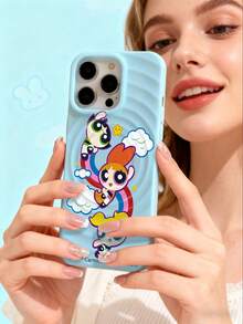 THE POWERPUFF GIRLS X SHEIN 浅蓝色时尚飞行可爱女英雄卡通波浪纹磁性软手机壳，兼容，少女时尚动漫手机壳，带磁性功能，适合日常使用和送礼 - 淺藍色 - 查看 6
