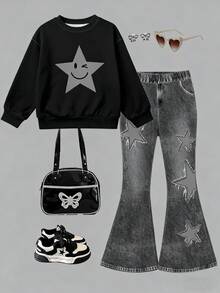 Bluza z nadrukiem pentagramu dla młodej dziewczyny z okrągłym dekoltem i długim rękawem oraz rozszerzanymi spodniami w swobodnym garniturze - Wielokolorowe - Zobacz 3