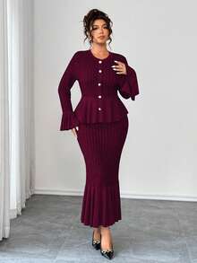 Elenzga Dwuczęściowy komplet damski w dużych rozmiarach, rozciągliwa dzianina w szerokie paski, sukienka syrenka z rozszerzanymi rękawami, elegancka na wyjścia, podwieczorek, dojazdy do pracy, nowoczesna i wygodna, w dużych rozmiarach, ciemnoszara, jesienno-zimowa sukienka maxi z długim rękawem, dwuczęściowy komplet