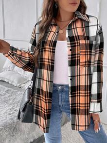 SHEIN LUNE Áo sơ mi kẻ caro tay dài dáng rộng, vai trễ, đơn hàng, túi thường ngày cho nữ cỡ lớn - Màu Cam san hô - Xem 6