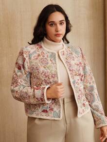 Anewsta Elegant Romantic Open Front Jacket For Women, Featuring Floral Embroidery, Pearl Decor, Braided Trim, Pockets, Long Sleeve, Plus Size, Suitable For Autumn/Winter