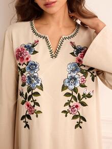 Lilora Women's Elegant Floral Sequin V-Neck Long Sleeve Loose Long Dress Romantic, Elegant, And Suitable For Commuting Sequin Embroidered Long Dress Embroidered Dress Floral Applique Dress Modest Tops For Women Women's Sophisticated And Elegant Outfits Beige Dress For Women Arabic Style Abayas Dubai Luxury Abaya For Women Dubai - Khaki - View 4