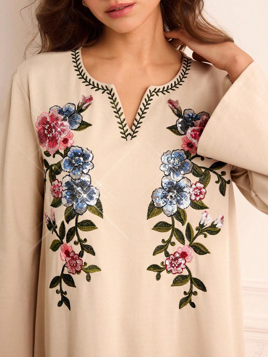 Lilora 女士优雅花卉亮片V领长袖宽松长裙，浪漫优雅，适合通勤。亮片刺绣长裙，刺绣连衣裙，花卉贴花连衣裙，女士端庄上衣，女士精致优雅的服装。