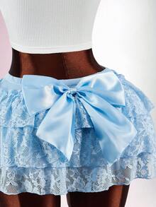 Amplova Women's Mini Skirt With Detachable Bow At Back, Super Low Waist Cute Solid Blue Sexy Ruffle Hem - Blue - View 9
