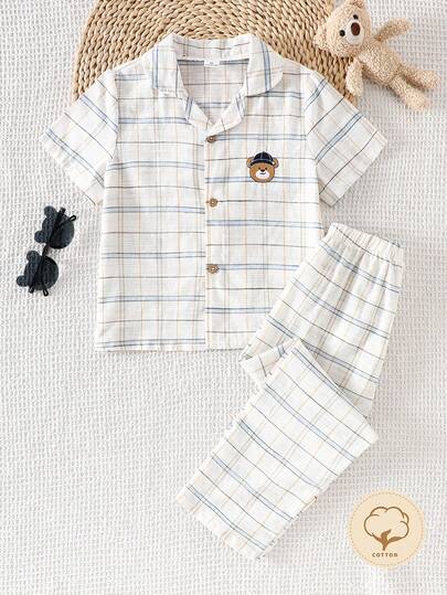 Young Boys Pajamas-2 Piece Summer Pajama Set Short Sleeve Button Front Collar Shirt Long Pants Plaid Bear Patch Light Beige And Blue Classic Sleepwear Vacation Year2026 Holiday Must Have Lightweight Comfortable Easy Care Machine Washable Gift