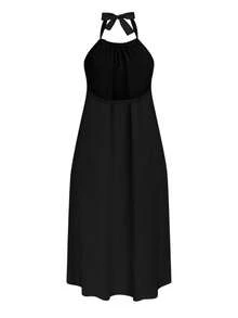 SHEIN Clasi Váy yếm hở lưng màu trơn thanh lịch cỡ lớn, mùa hè - màu đen - Xem 2