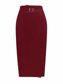 Elenzga 大码女式优雅铅笔裙 - 酒紅色 - 查看 3