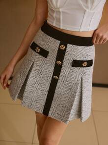 MOTF PREMIUM CONTRAST TWEED & VELVET FOLD PLEATED MINI SKIRT, AUTUMN/WINTER - White - View 4