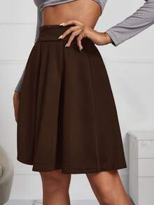 SHEIN Frenchy 女士纯色高腰褶裥A字裙，休闲学院风 - 棕色 - 查看 3