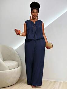 Veslaya 大码纯色休闲吊带背心和裤子套装，简约两件套，藏蓝色连体裤长裙两件套，藏蓝色长款连衣裙连体裤，女士阔腿裤 - 藏蓝色 - 查看 8