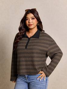 Elaquor 大码休闲简约百搭百搭条纹撞色 Polo 领 T 恤女士 - 彩色 - 查看 7