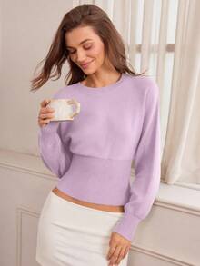 Hanevo Casual Round Neck Drawstring Waist Slim Fit Solid Color Knit Sweater, Versatile For Autumn/Winter - Mauve Purple - View 4