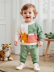 Playful Pals 2pcs Baby Boy Casual Cute Colorblock, Tiger, Crocodile Graphic Print Crew Neck Long Sleeve Sweatshirt And Elastic Waist Pants Set, Suitable For Autumn/Winter Outdoor Sports & Outings - Green - View 4
