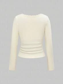 ROMWE J-Fashion 可爱鹿刺绣蕾丝上衣搭配鹿印花喇叭裤，秋冬 - 杏色 - 查看 3